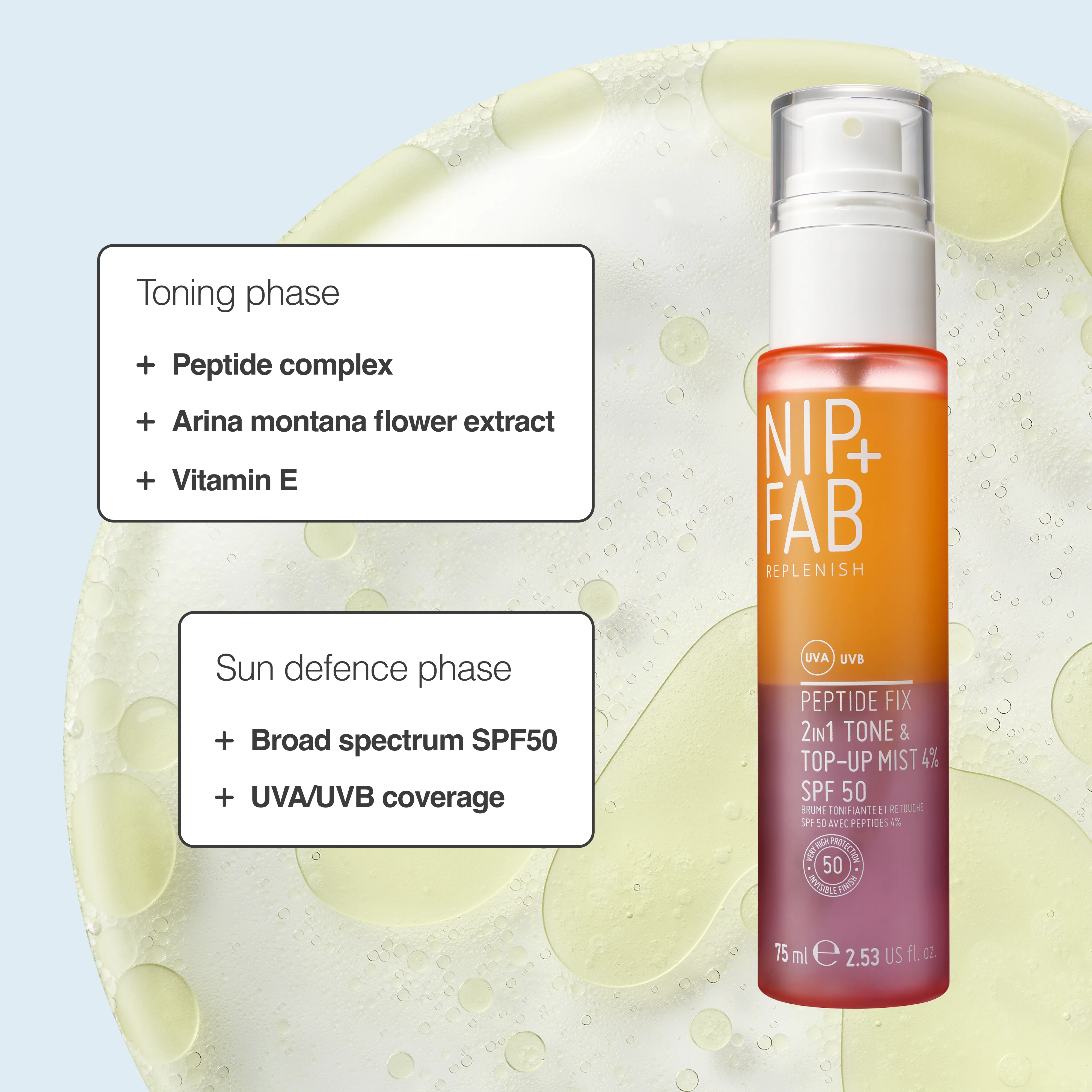 Peptide Fix 2-in-1 SPF 50 Tone + Top Up Mist 4% 75ml - Image 3